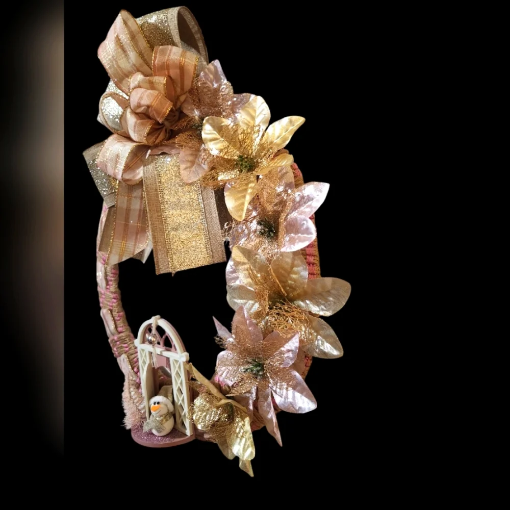 Pink and Gold Snowman Wreath Hand Crafted